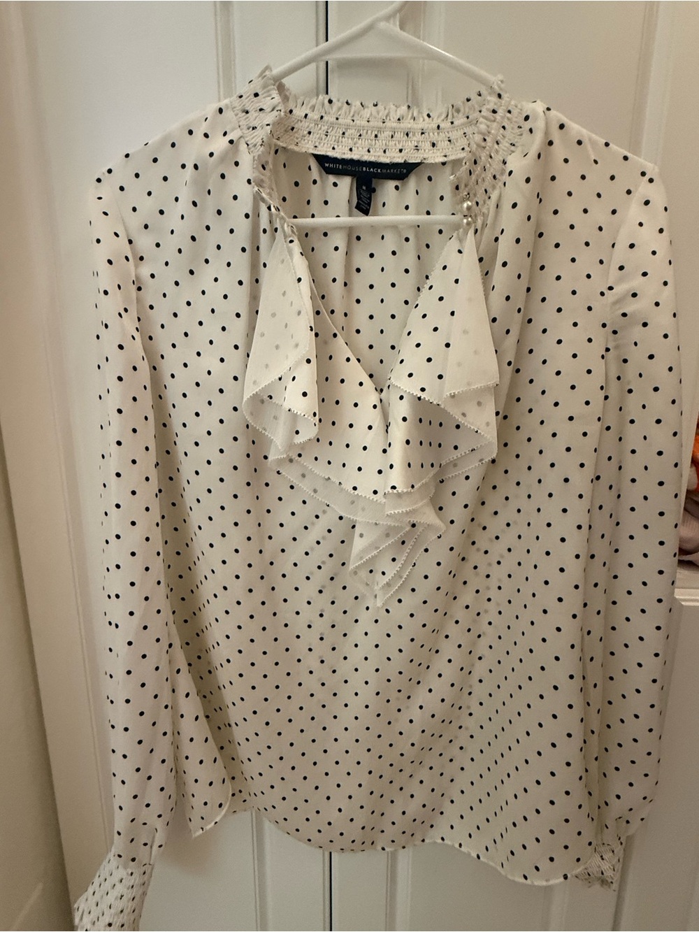 White House Black Market Cream and Black Polka Dot Ruffle V-Neck Blouse